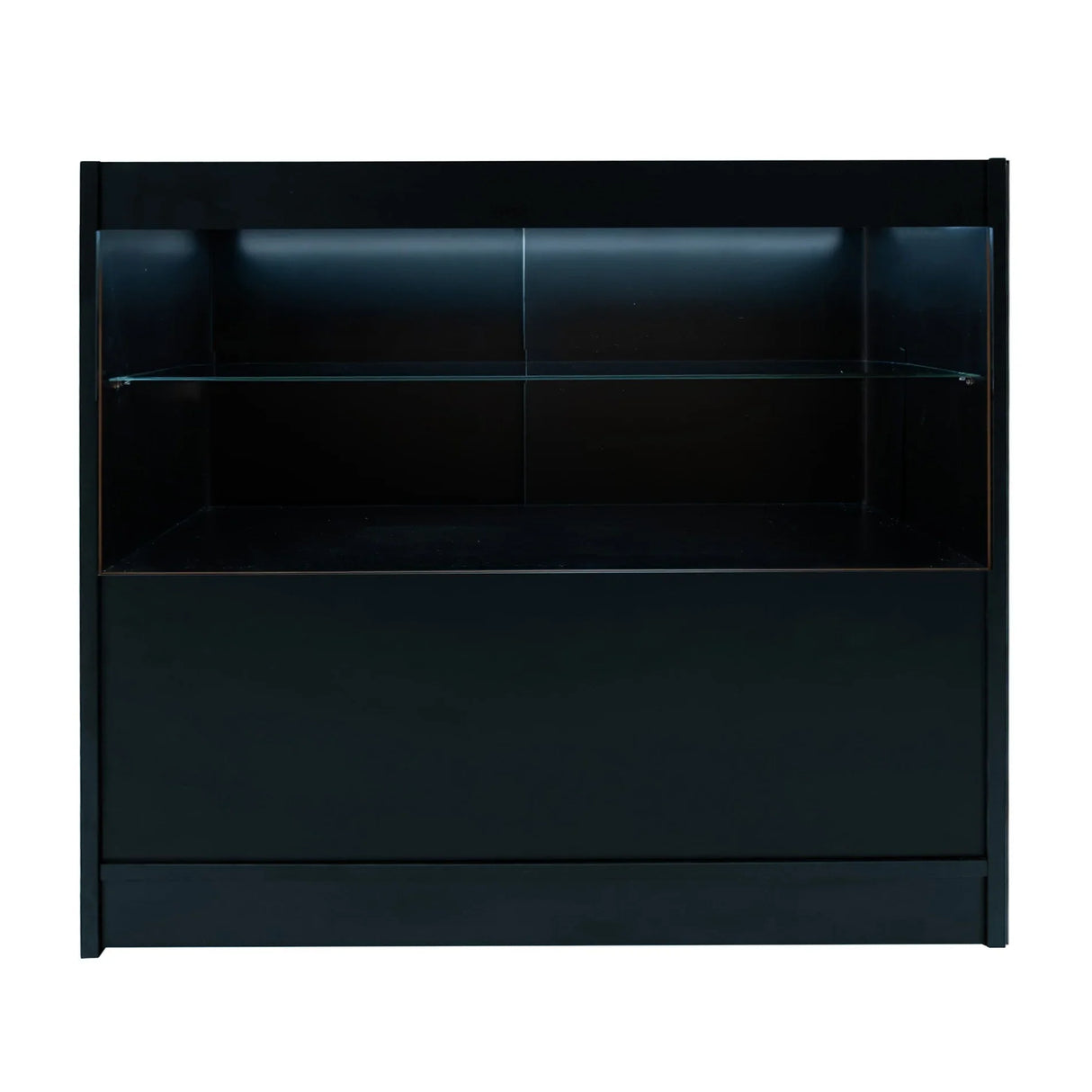 Sleek black LED retail shop counter C1200 featuring a glass shelf and illuminated display area, perfect for showcasing products