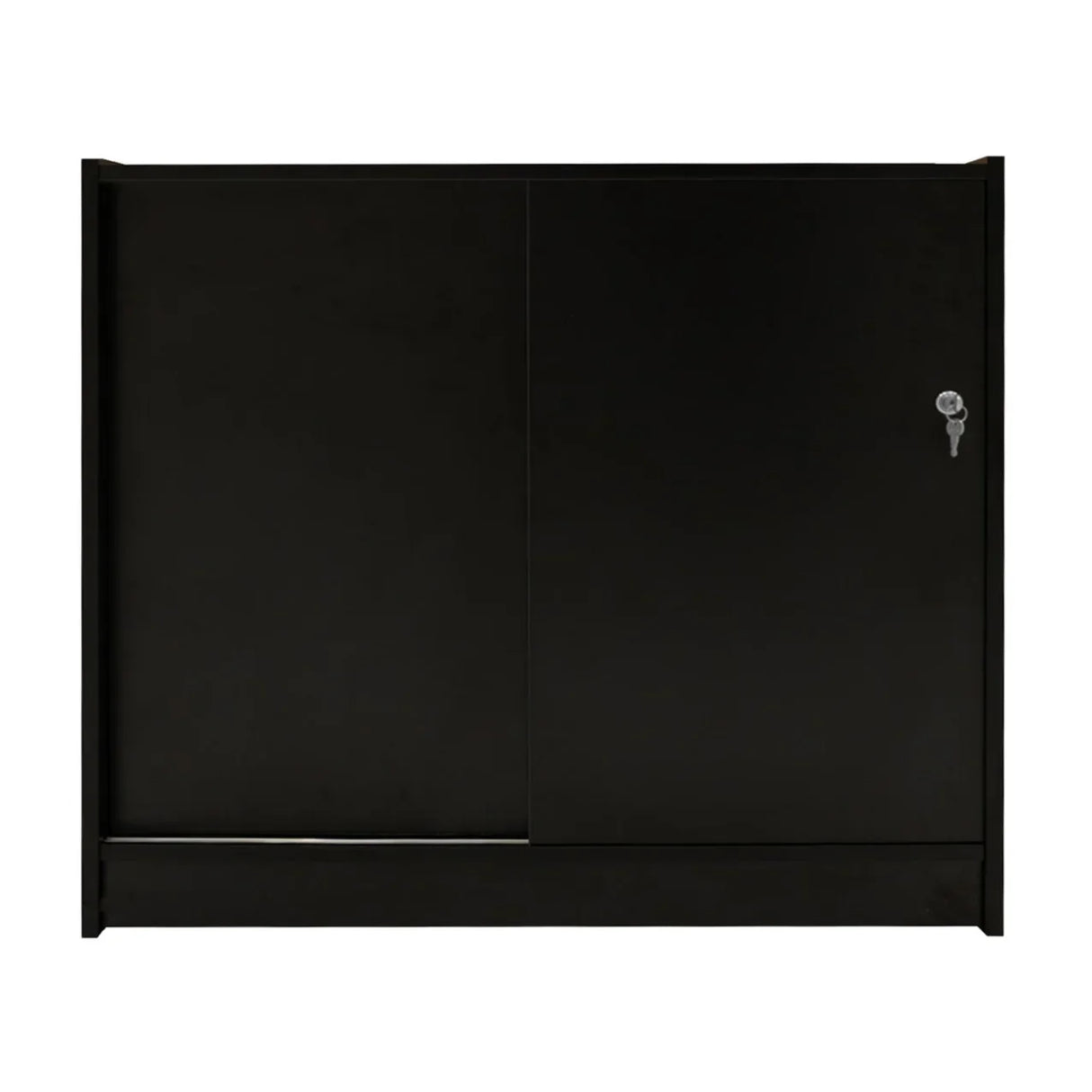 Sleek black LED retail shop counter C1200 with sliding doors and a lock, featuring a smooth, modern finish and sturdy design
