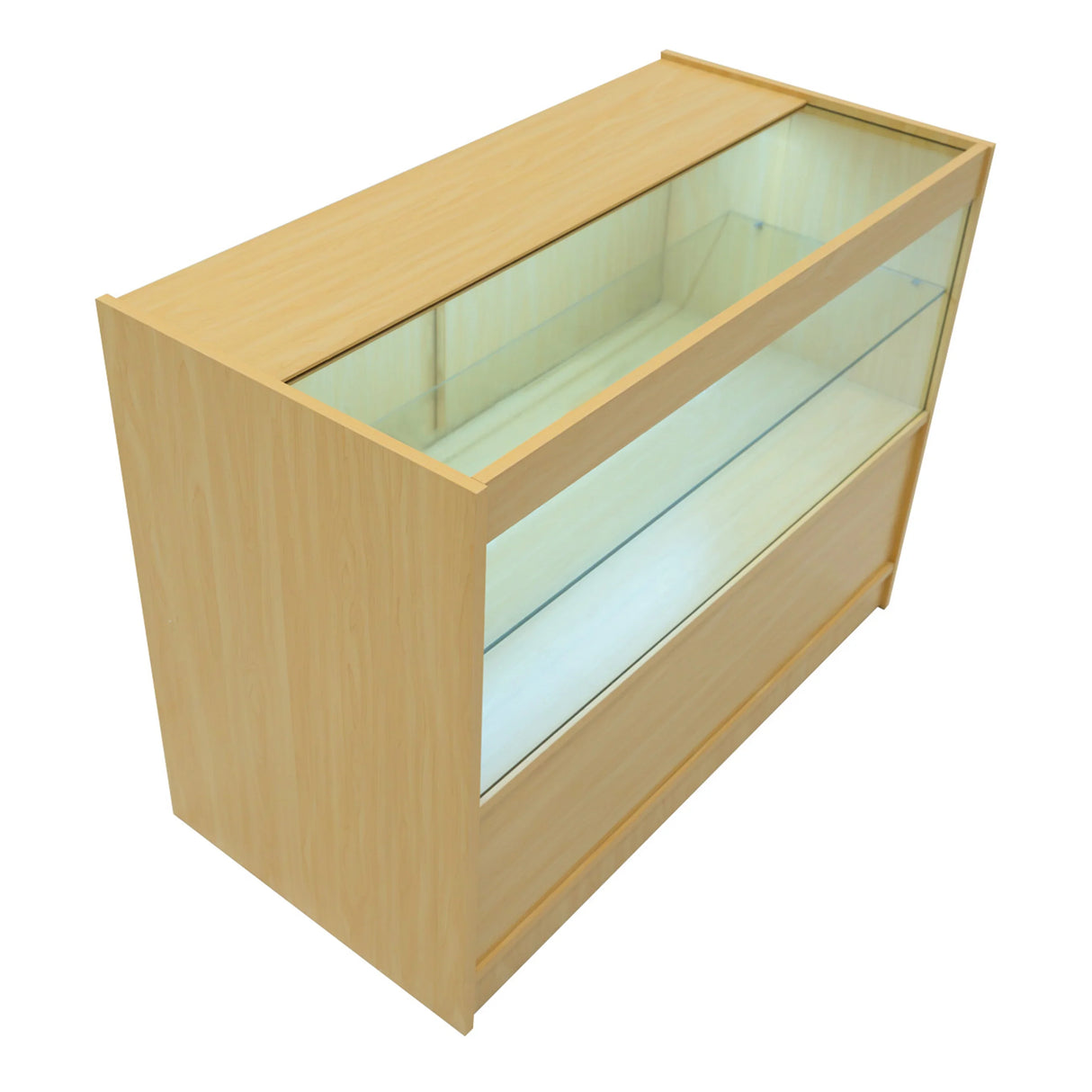 LED retail shop counter in maple finish, featuring a glass display top and shelves, offering a modern, sleek design for showcasing products