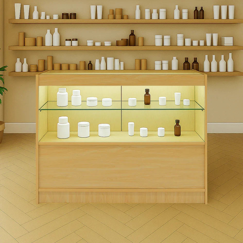 Maple LED retail shop counter C1200 with glass shelves, showcasing various white and brown containers in a warm, inviting setting