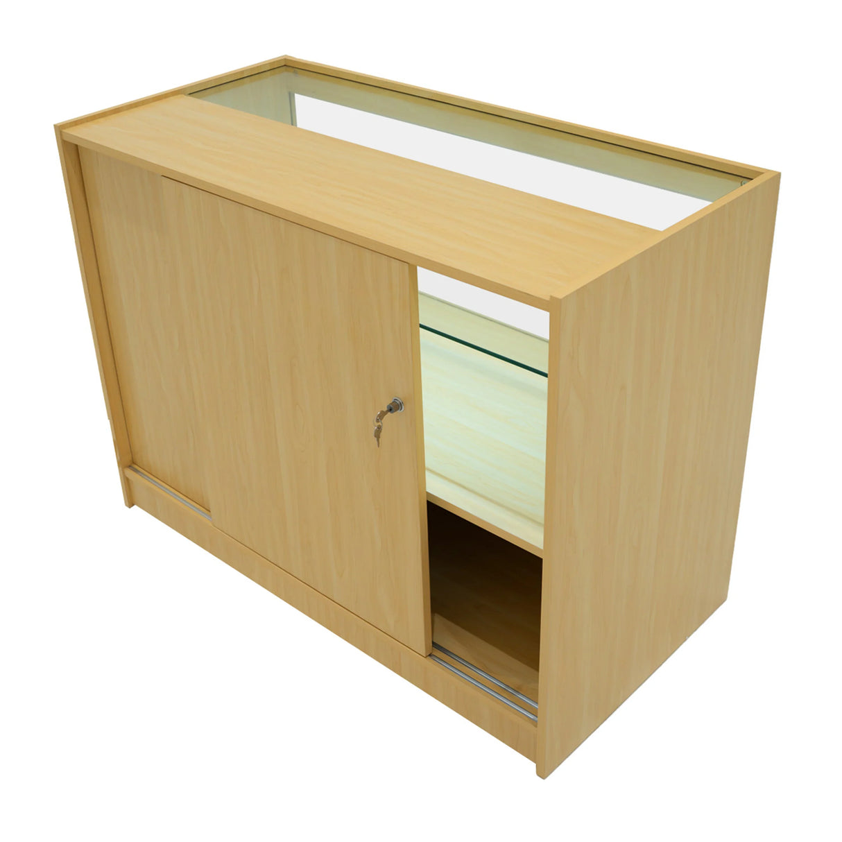 Maple LED retail shop counter C1200 with sliding door, glass display shelf, and smooth wood finish, ideal for showcasing products