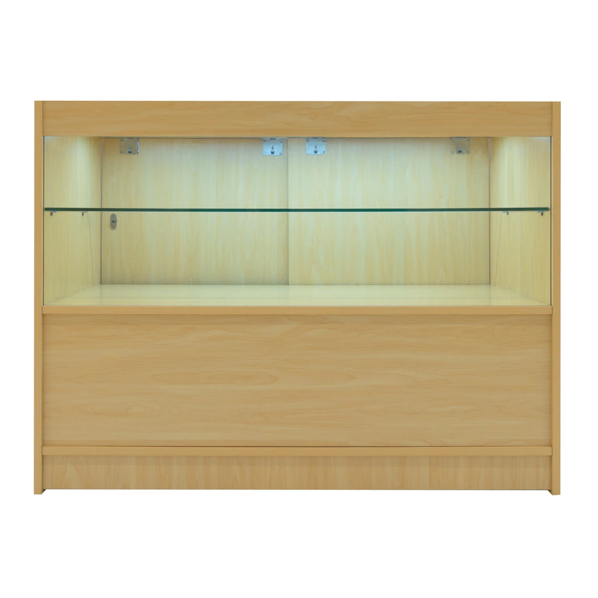 Maple LED retail shop counter C1200 featuring a sleek design, glass display shelves, and warm lighting for showcasing products