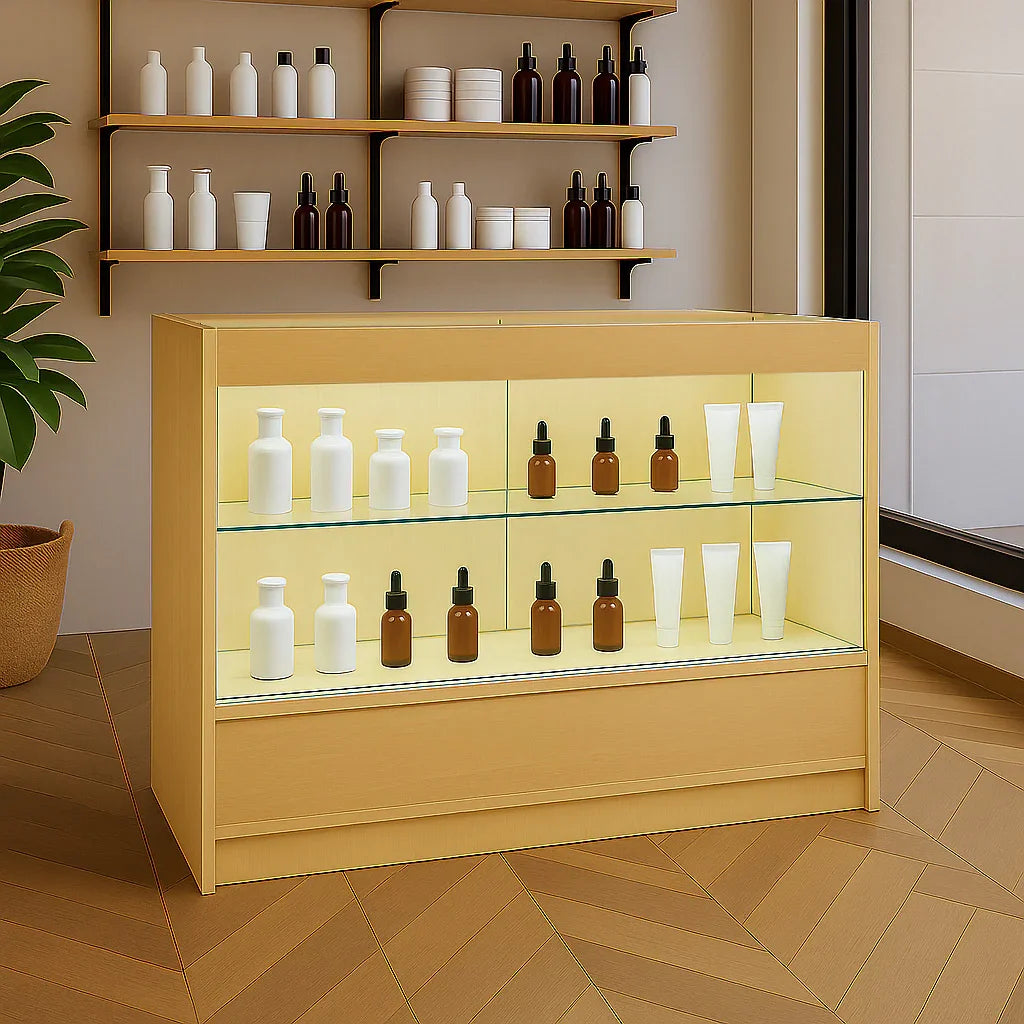 LED retail shop counter C1200 in maple finish, featuring glass shelves displaying various skincare products in elegant bottles
