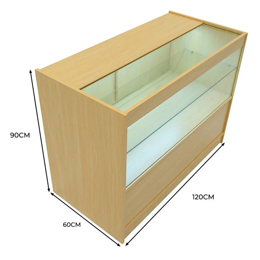 LED retail shop counter in maple finish, featuring a glass display top, sleek design, and dimensions of 120cm x 60cm x 90cm