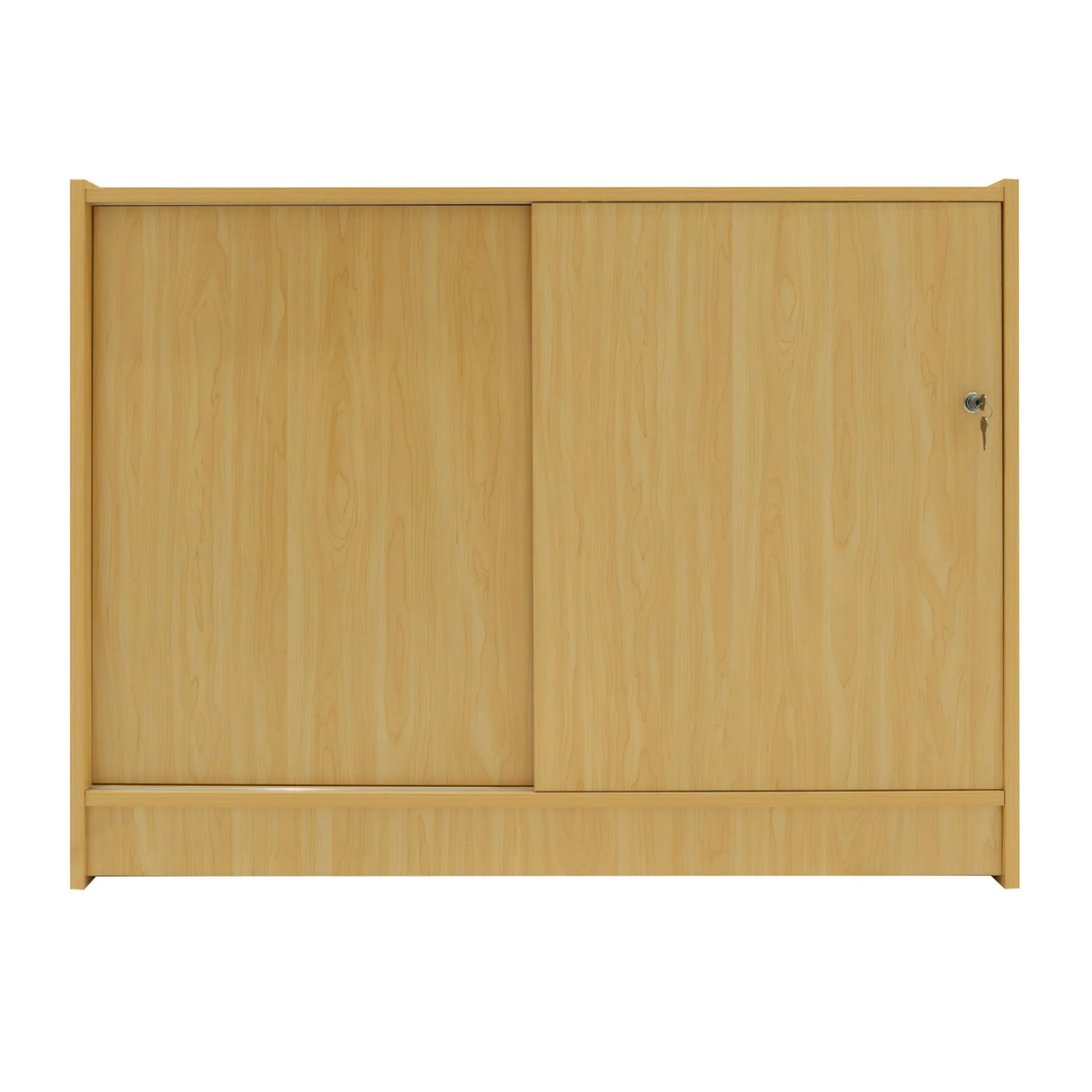 Maple LED retail shop counter C1200 with sliding doors, smooth wood texture, and a modern, minimalist design suitable for displays
