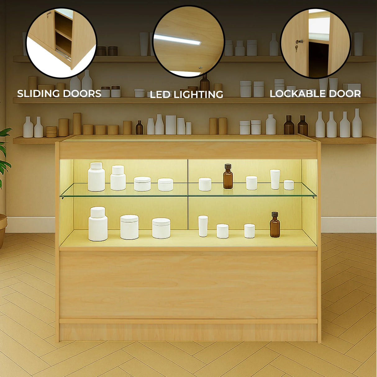 LED retail shop counter in maple finish featuring sliding doors, LED lighting, and a lockable door with glass shelves for display