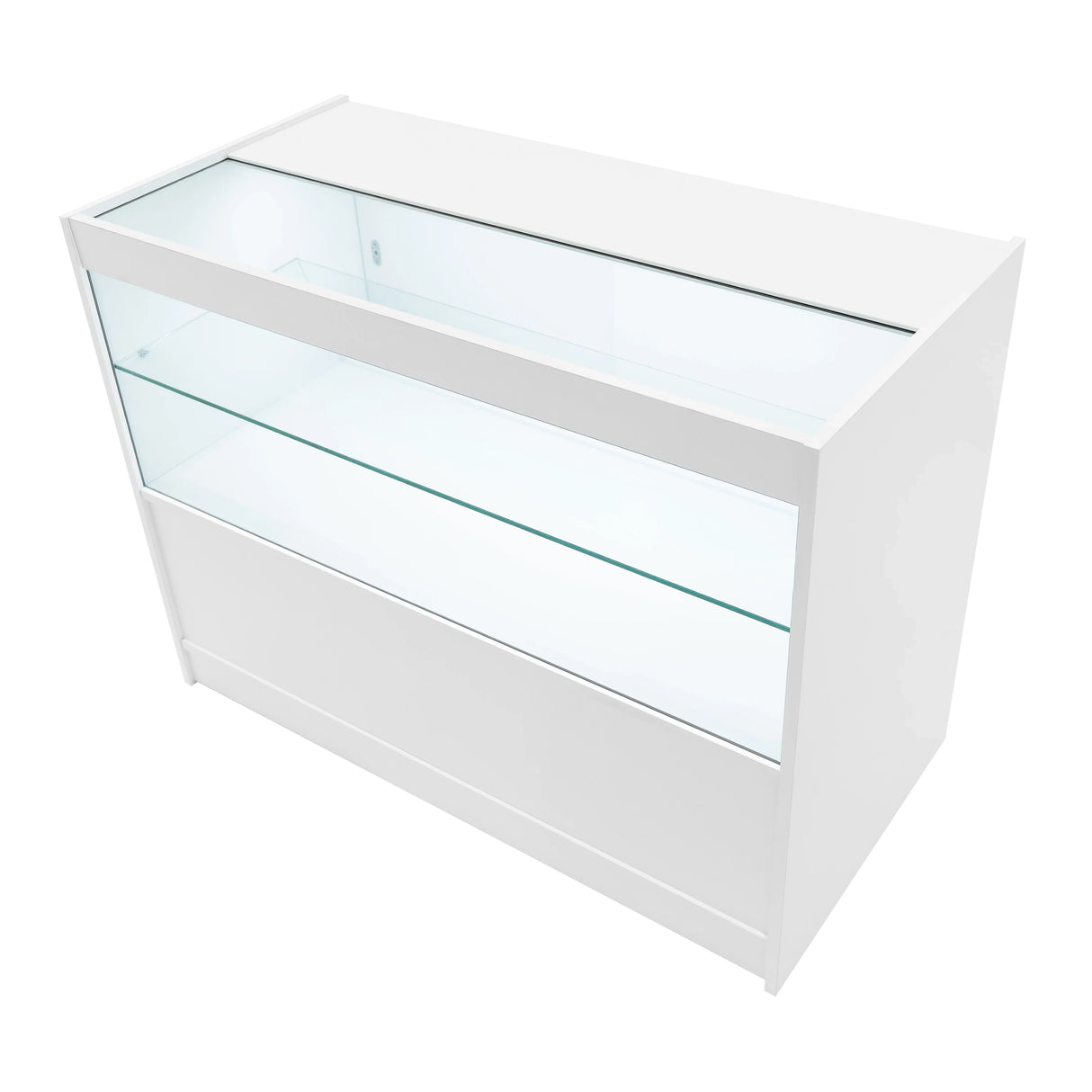 Sleek white LED retail shop counter C1200 with glass display shelves, perfect for showcasing products in a modern setting