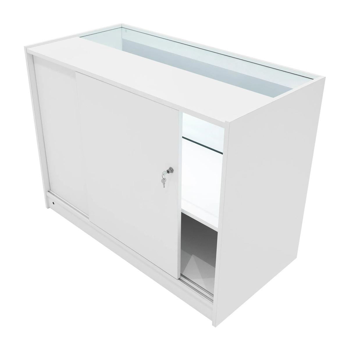 White LED retail shop counter C1200 with sliding glass doors, illuminated display shelves, and sleek modern design
