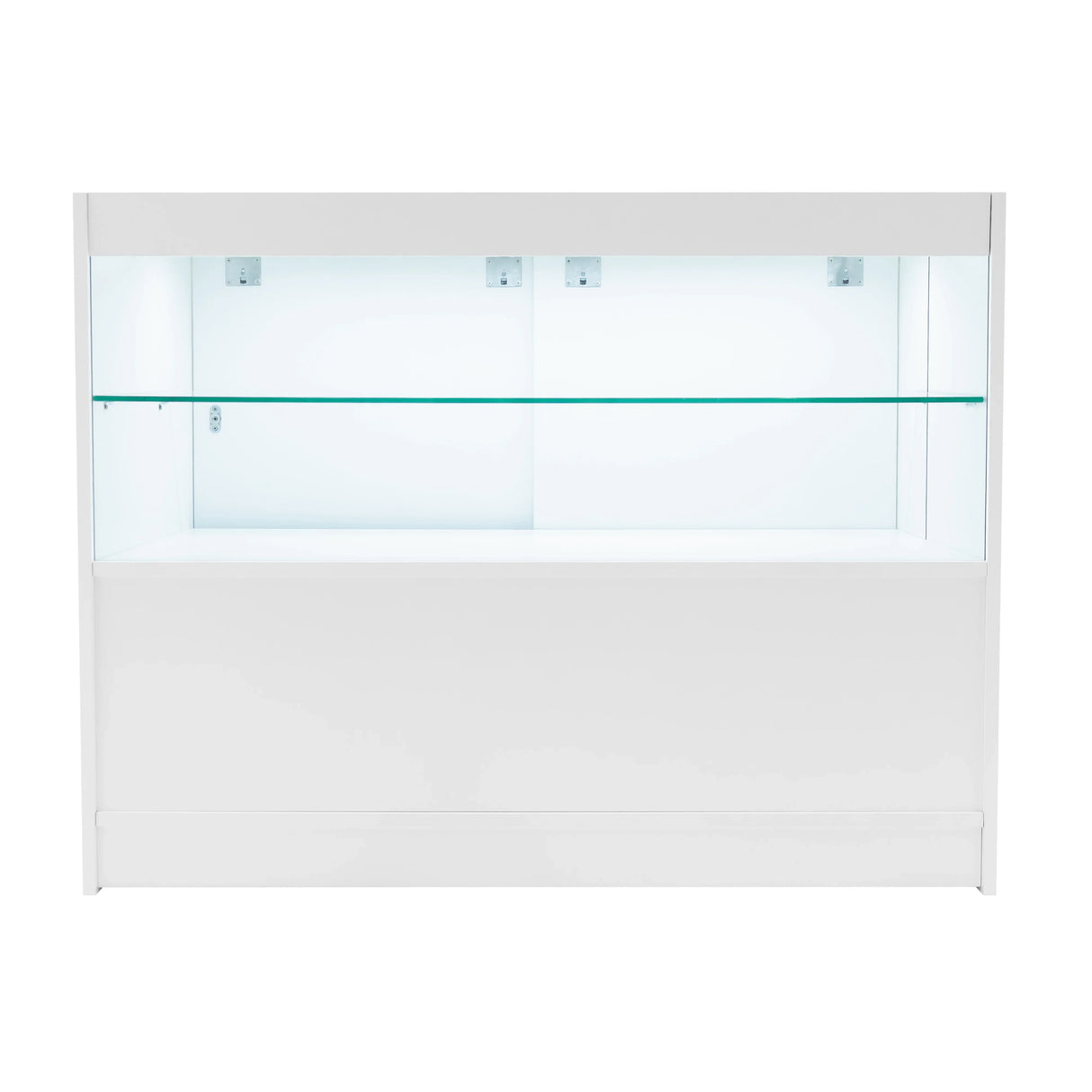 LED retail shop counter C1200 in sleek white finish, featuring a glass display shelf and bright interior lighting for product visibility
