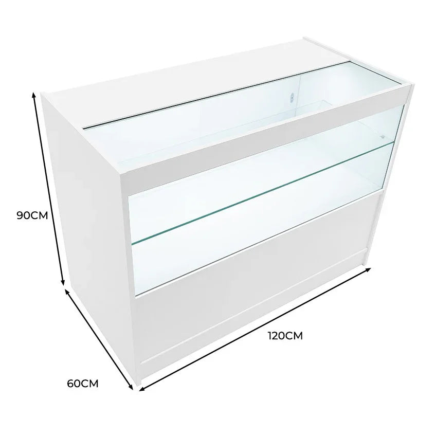 White LED retail shop counter C1200 with glass display top, measuring 120cm wide, 90cm high, and 60cm deep, sleek modern design