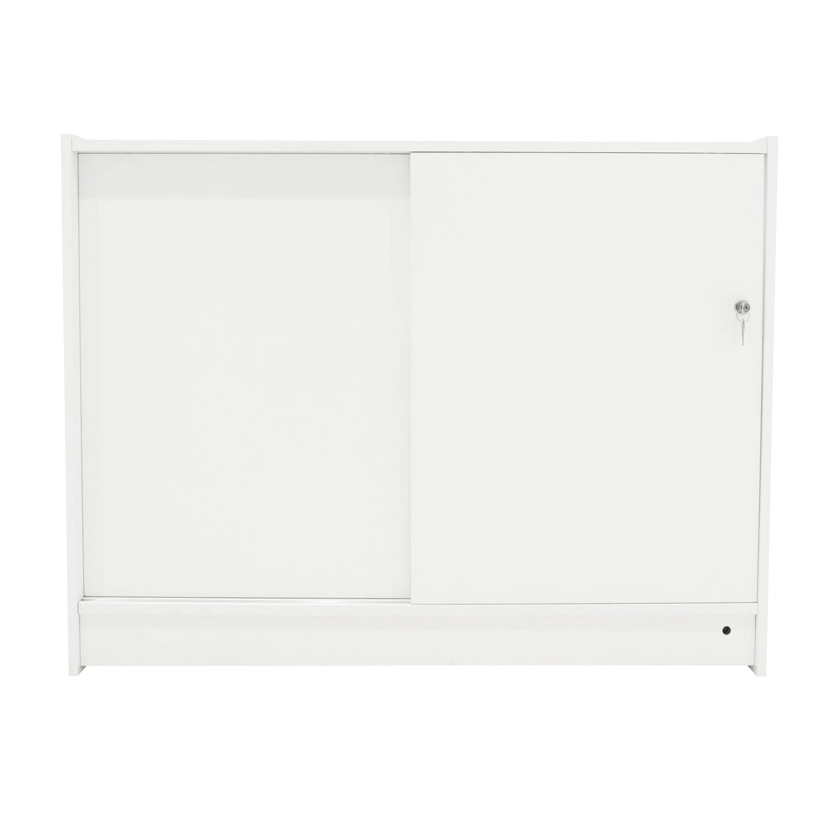 Sleek white LED retail shop counter C1200 with a smooth finish, sliding door, and lock for secure storage and display