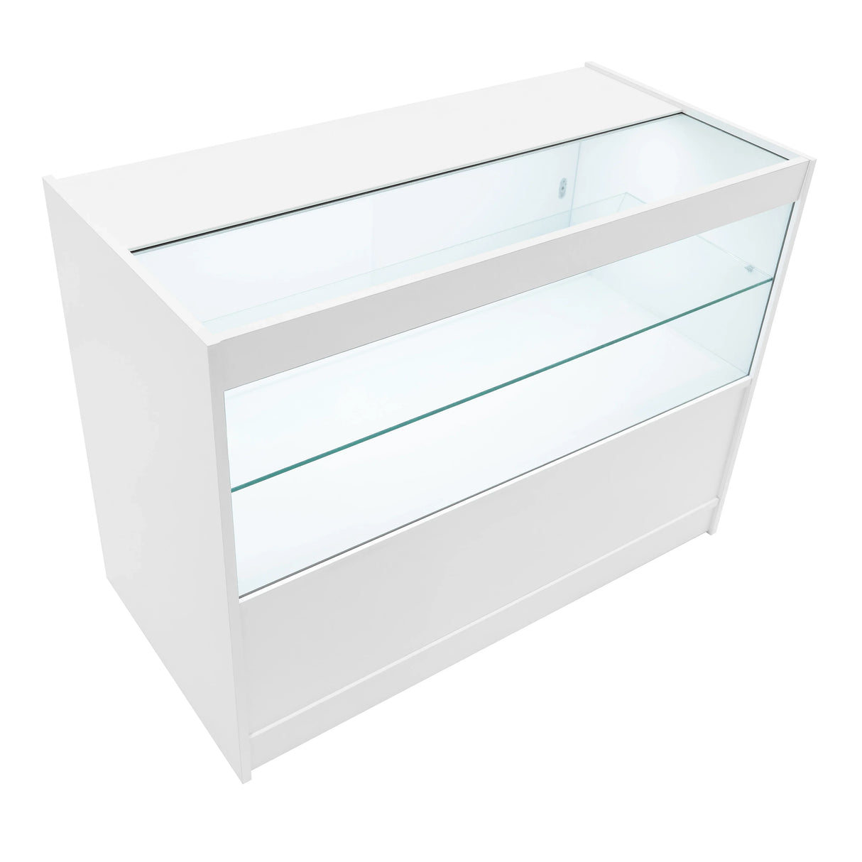 White LED retail shop counter C1200 with glass display shelves, sleek design, and modern finish, ideal for showcasing products