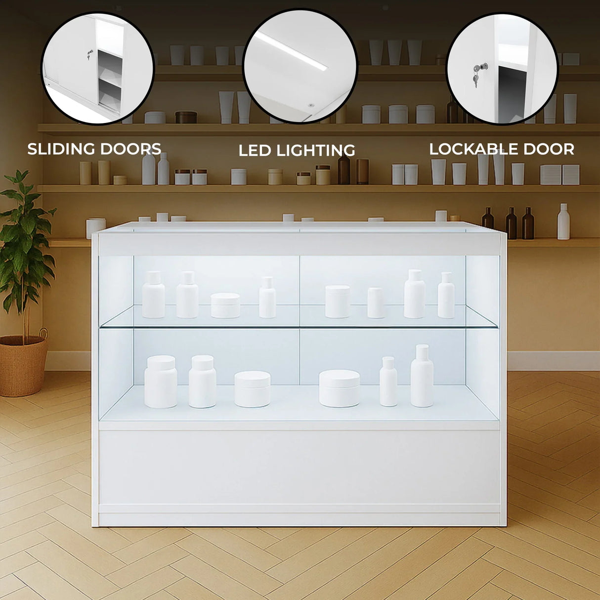 White LED retail shop counter with sliding doors, glass shelves, lockable door, and illuminated display for showcasing products