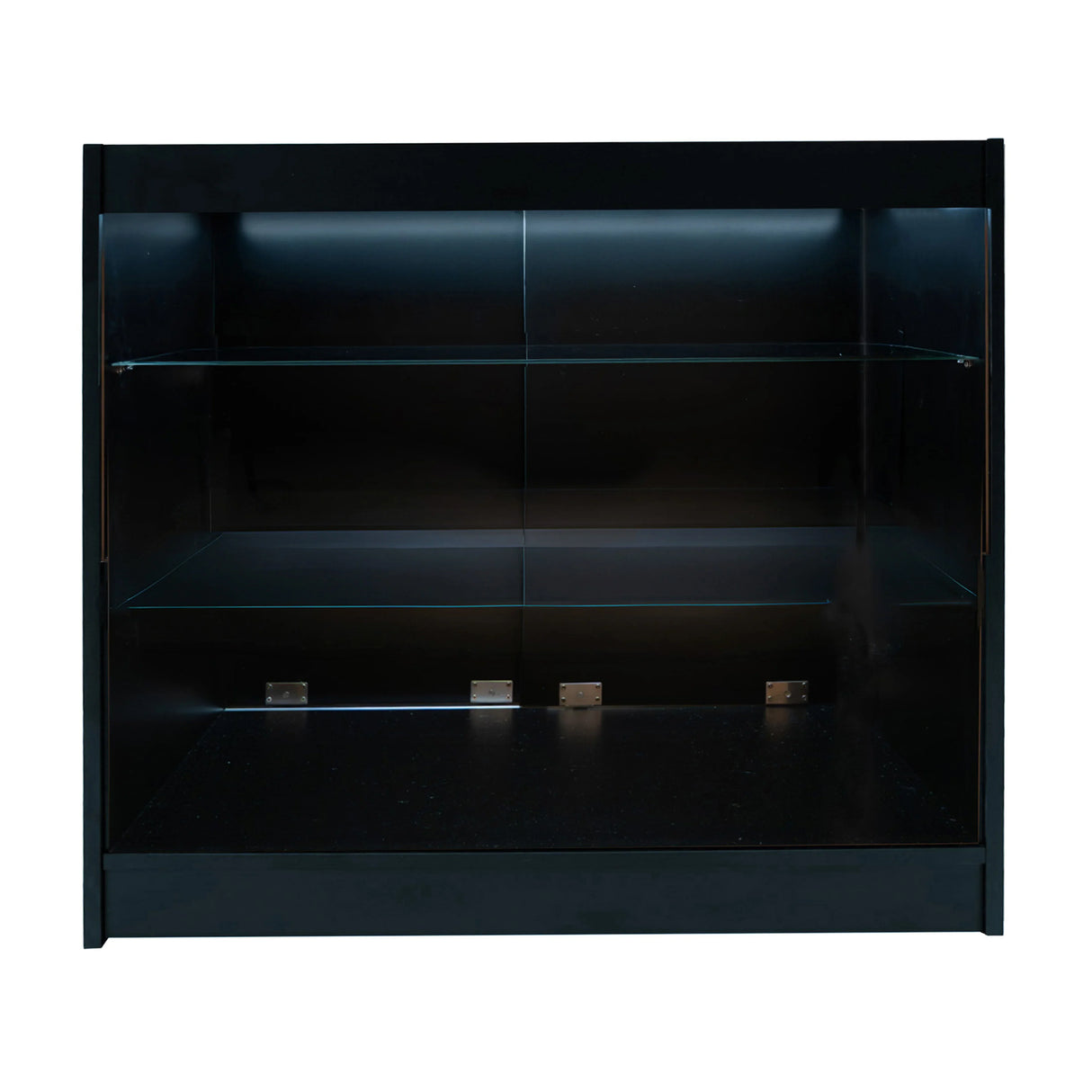Black LED retail shop counter K1200 with glass shelves, sleek design, and modern lighting for showcasing products effectively