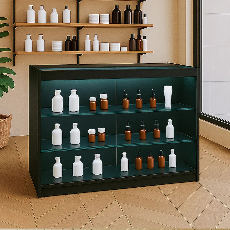 Black LED retail shop counter K1200 featuring sleek design, glass shelves, and a modern aesthetic, ideal for displaying products