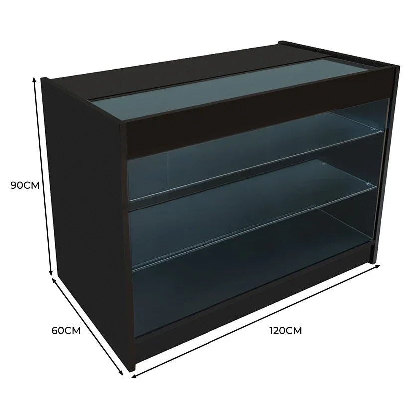 Black LED retail shop counter K1200 with glass shelves, sleek design, and dimensions of 120cm width, 60cm depth, and 90cm height