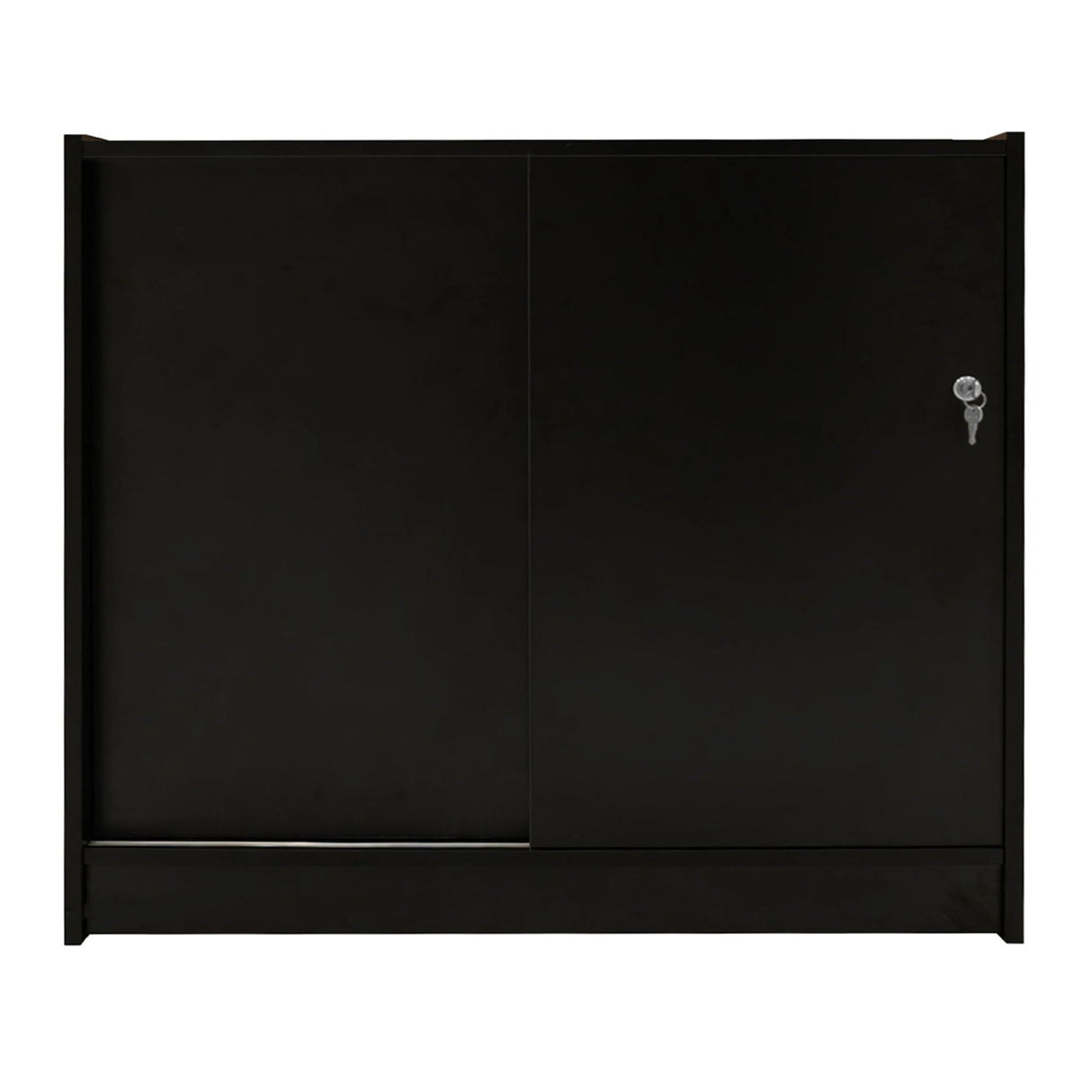 Sleek black LED retail shop counter K1200 with sliding doors and a key lock, designed for modern retail environments