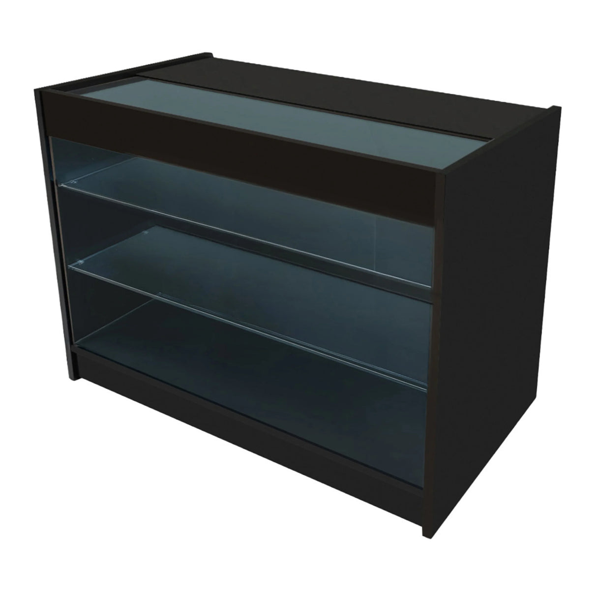 Black LED retail shop counter K1200 featuring a sleek design, glass display shelves, and a smooth surface for showcasing products