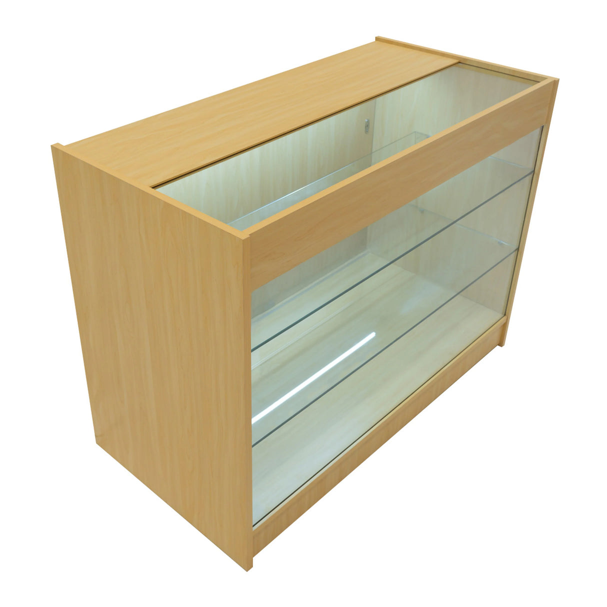 LED retail shop counter K1200 in maple finish, featuring a glass display top, sleek design, and illuminated interior shelves