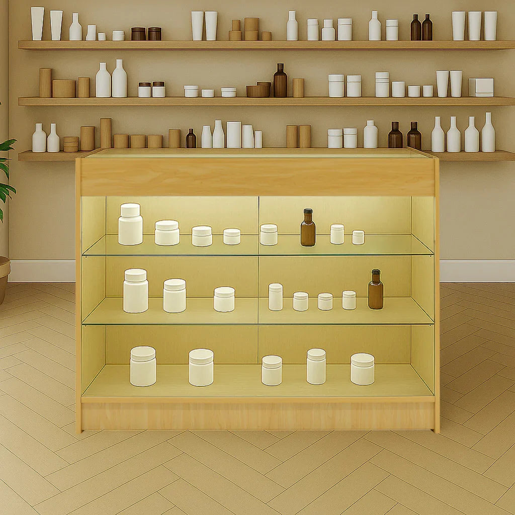 Maple LED retail shop counter with glass shelves, displaying various jars and bottles in a minimalist, modern setting