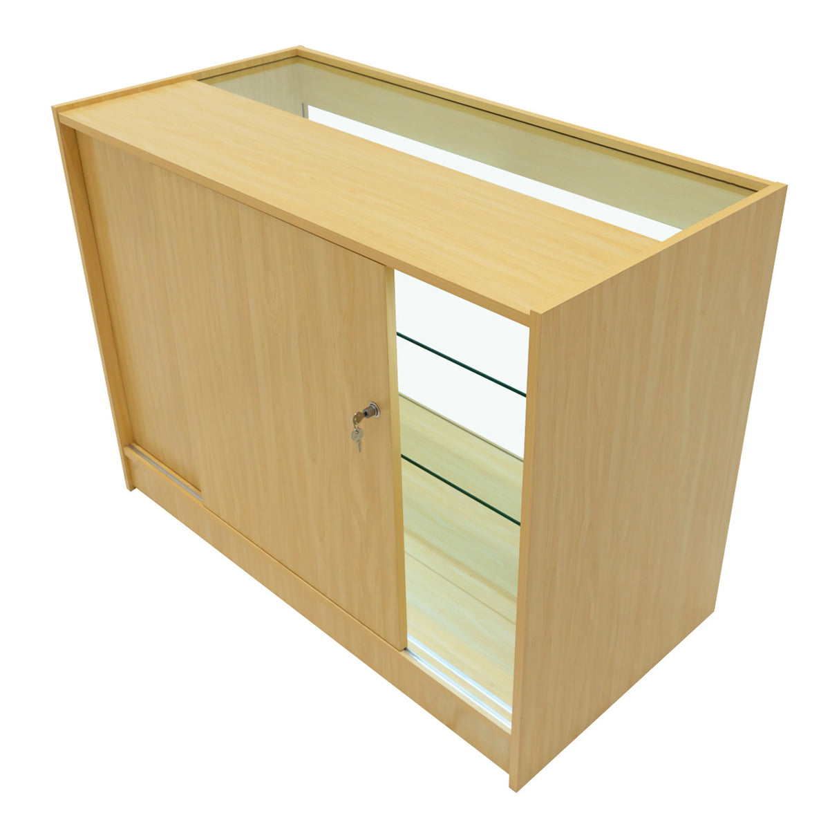 LED retail shop counter K1200 in maple finish, featuring a sleek design, glass shelves, and a secure sliding door for display storage