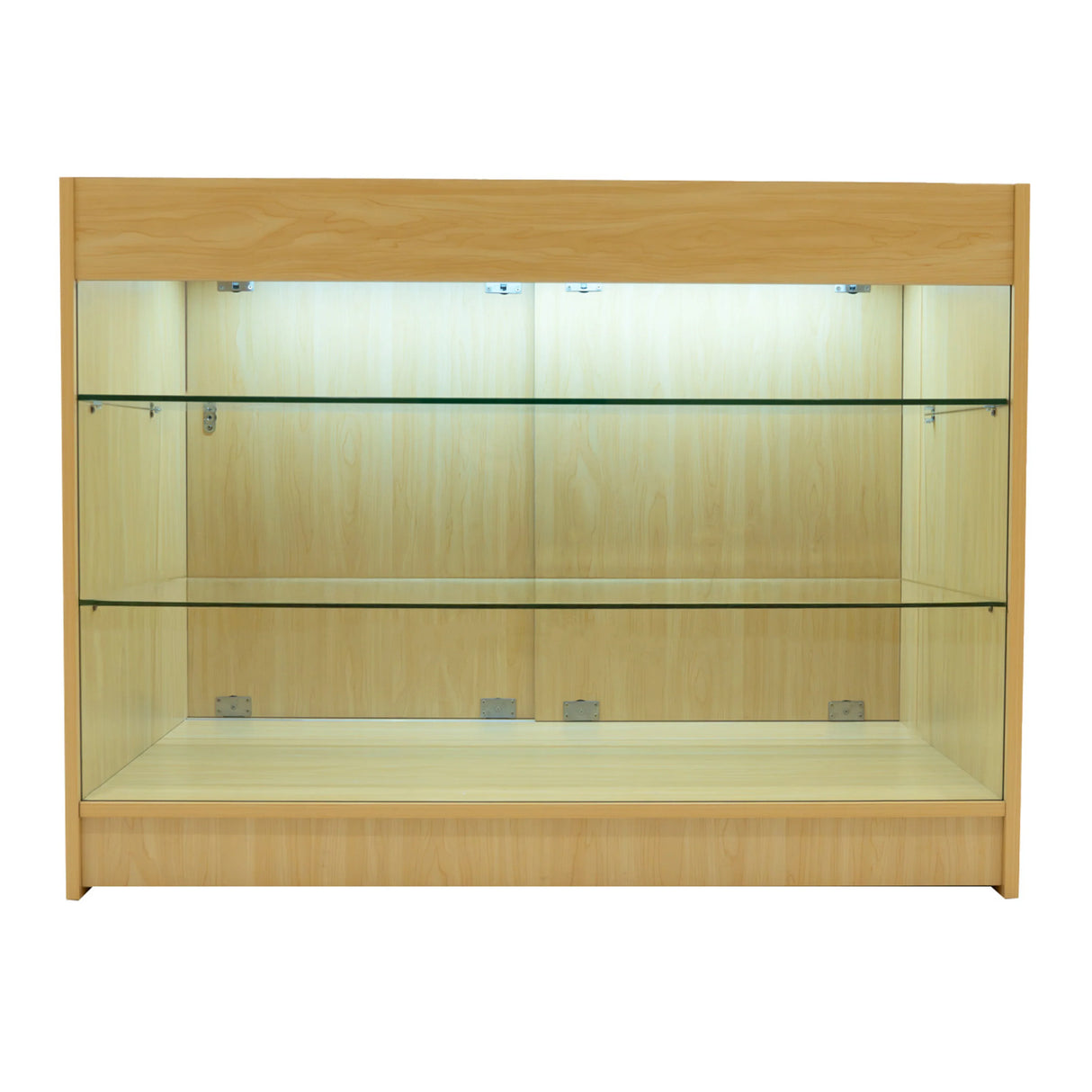 LED retail shop counter K1200 in maple finish, featuring glass shelves and built-in lighting for enhanced product display