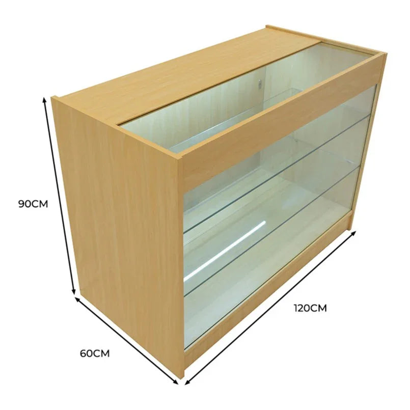 Maple LED retail shop counter K1200 with glass display, measuring 120cm wide, 90cm high, and 60cm deep, featuring a sleek design