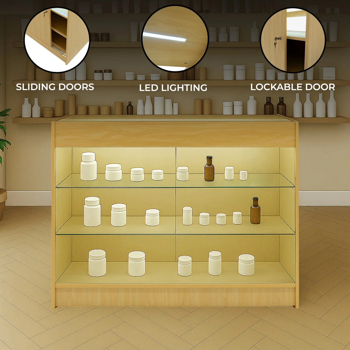 Maple LED retail shop counter K1200 with sliding doors, lockable storage, and illuminated glass shelves displaying jars and bottles