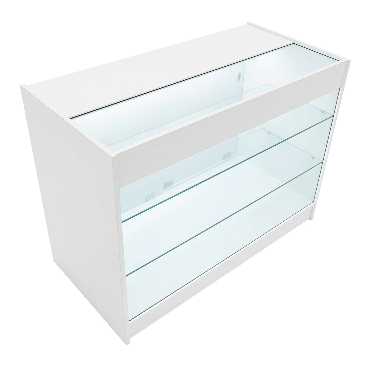 LED retail shop counter K1200 in sleek white finish, featuring glass shelves and a modern design for showcasing products