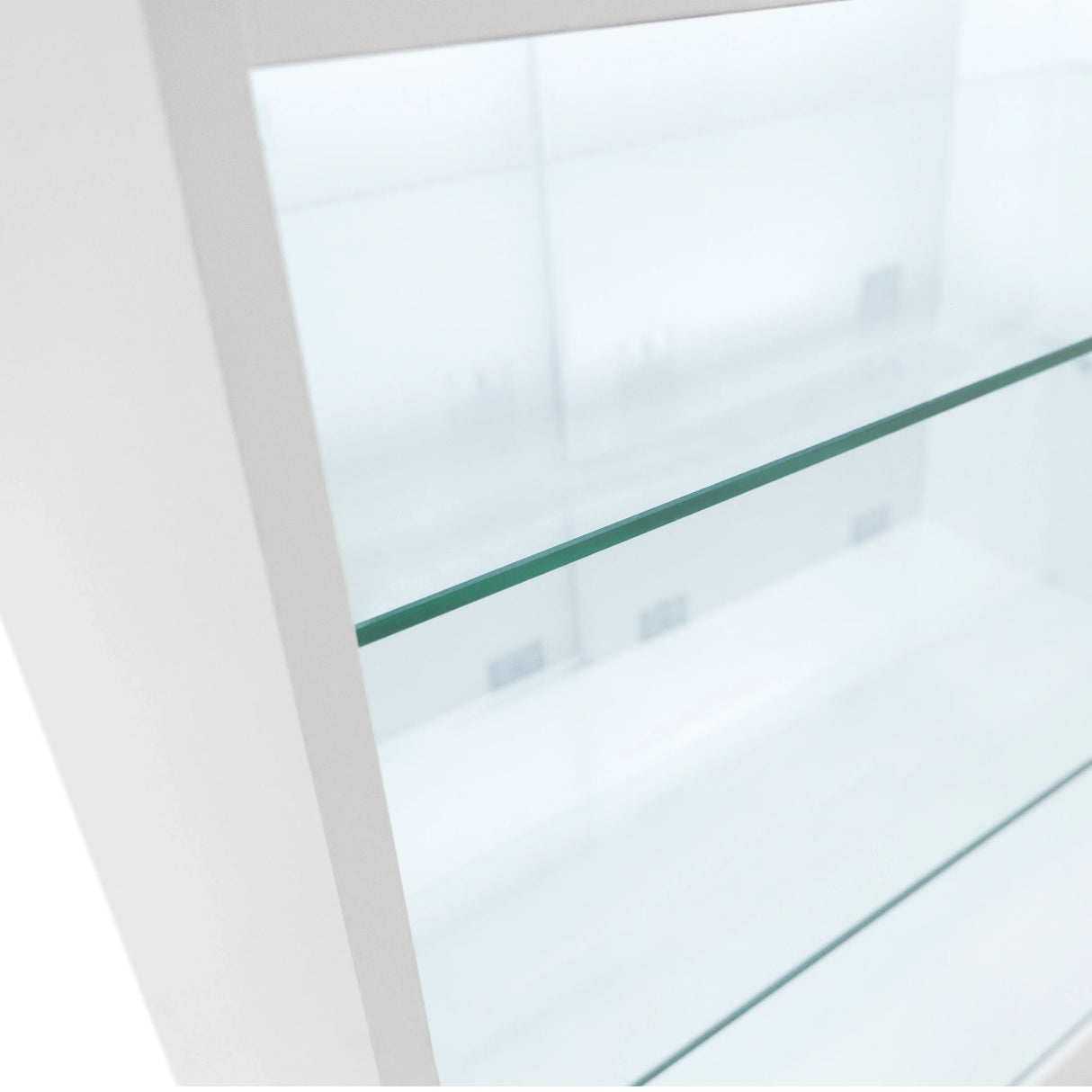 LED retail shop counter K1200 in white with sleek glass shelves and illuminated interior, perfect for showcasing products