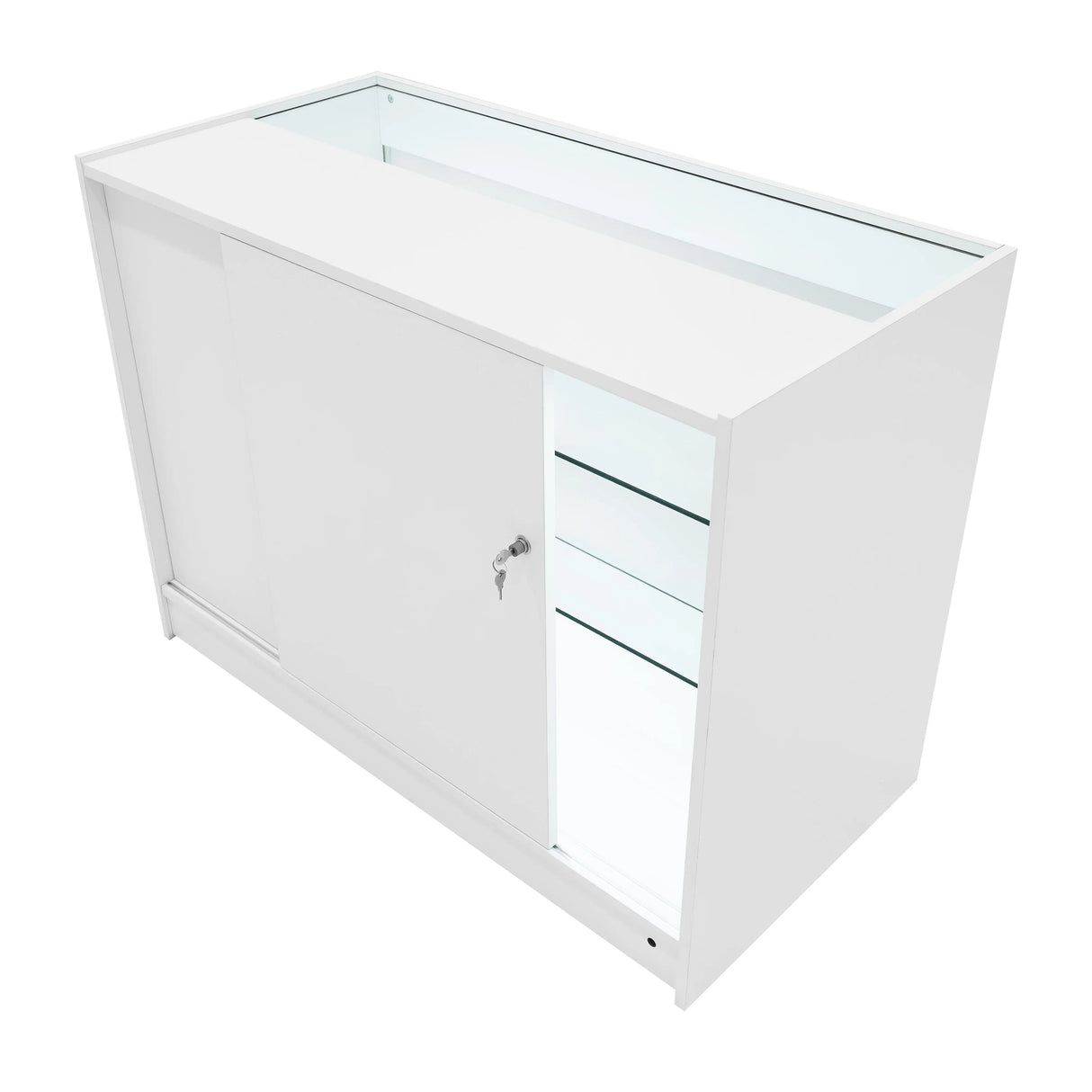 Sleek white LED retail shop counter K1200 with sliding door, glass shelves, and modern design, perfect for showcasing products