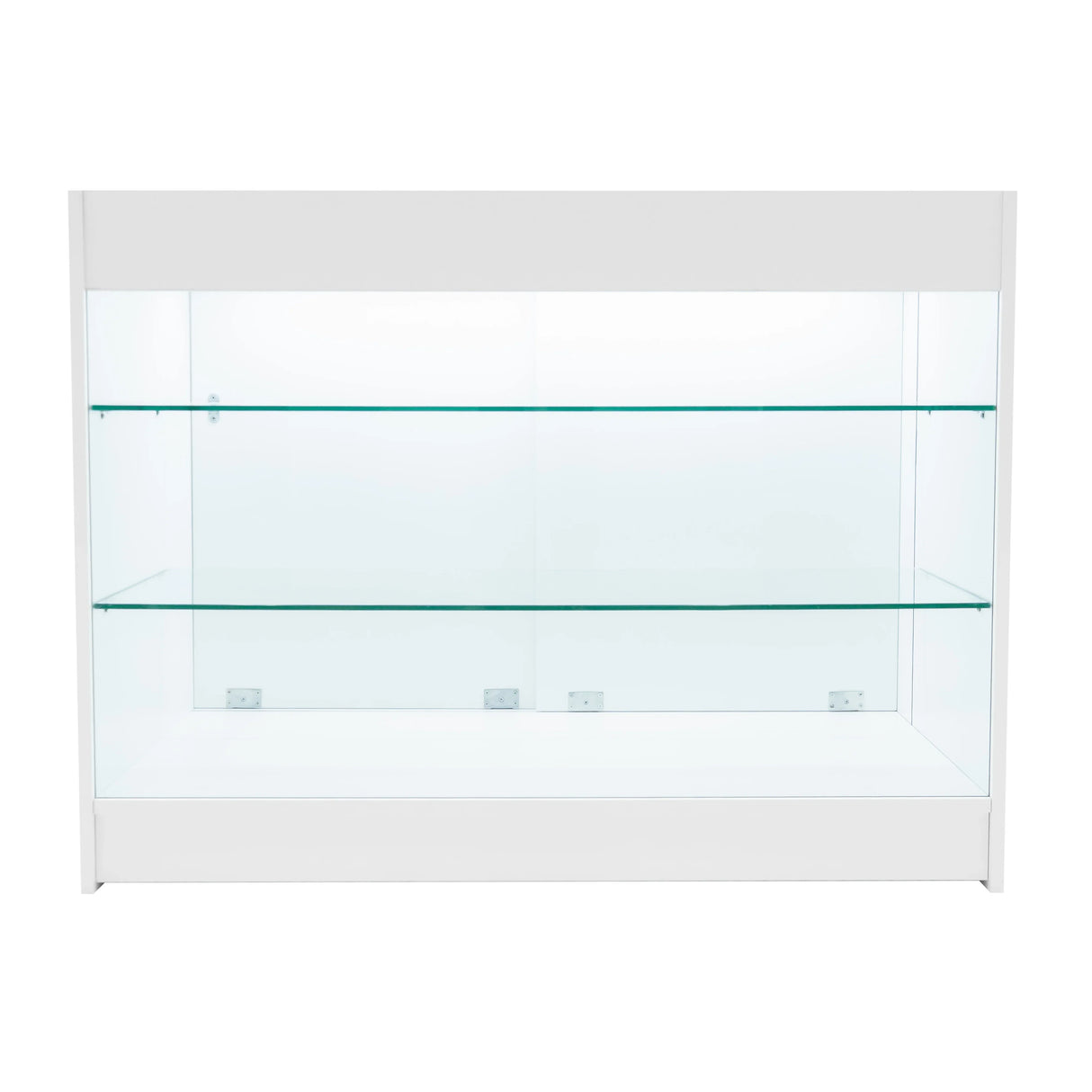 LED retail shop counter K1200 in white, featuring sleek glass shelves and a modern design, ideal for showcasing products