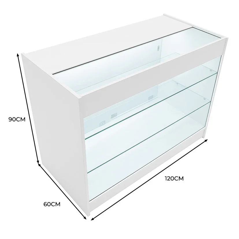 LED retail shop counter K1200 in sleek white finish, featuring glass shelves and a modern design, dimensions 120cm x 60cm x 90cm