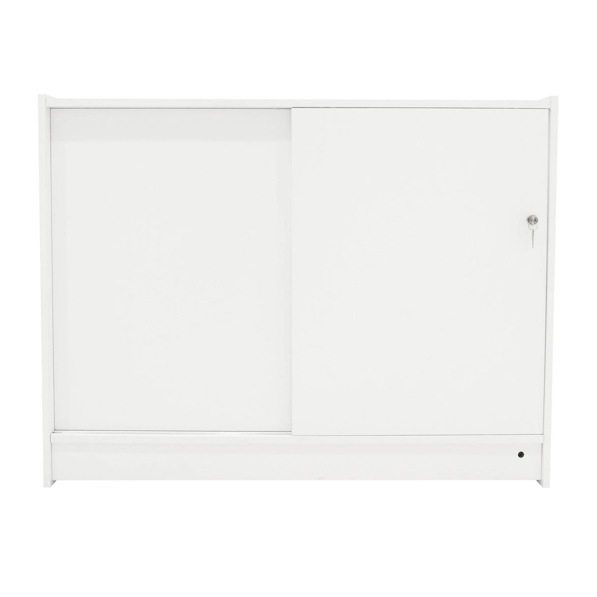Sleek white LED retail shop counter K1200 featuring a sliding door, modern design, and smooth finish, ideal for display and storage
