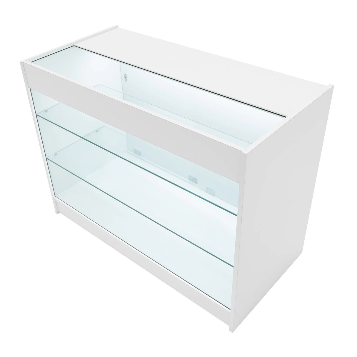 Sleek white LED retail shop counter K1200 with glass shelves, modern design, ideal for showcasing products in a store