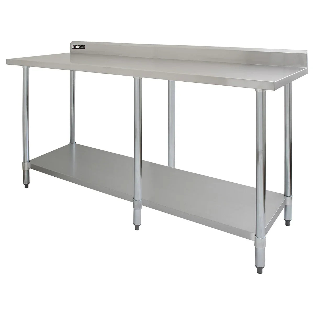 Commercial stainless steel catering table, 7ft wide, featuring a smooth surface, sturdy legs, and a lower shelf for storage