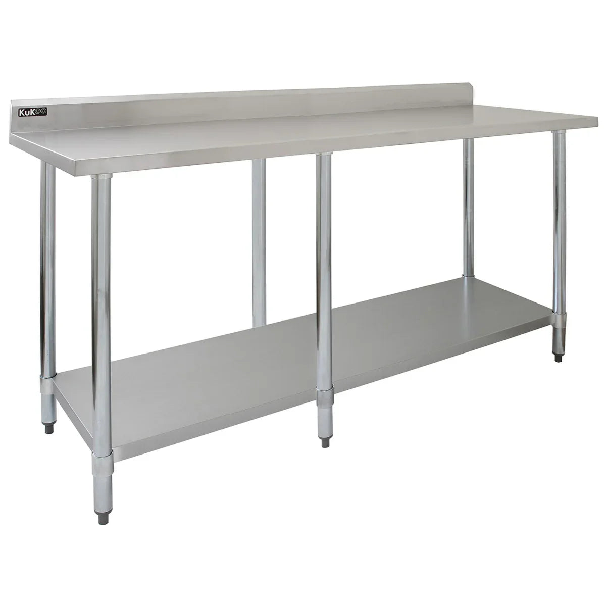 Commercial stainless steel catering table, 7ft wide, featuring a smooth surface, sturdy legs, and a lower shelf for storage