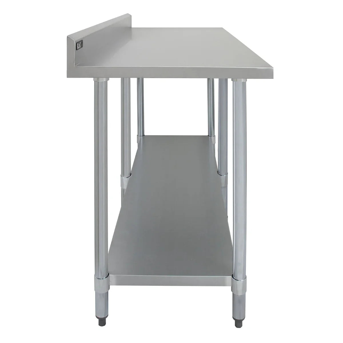 Commercial stainless steel catering table, 7ft wide, featuring a smooth surface, sturdy legs, and a lower shelf for storage