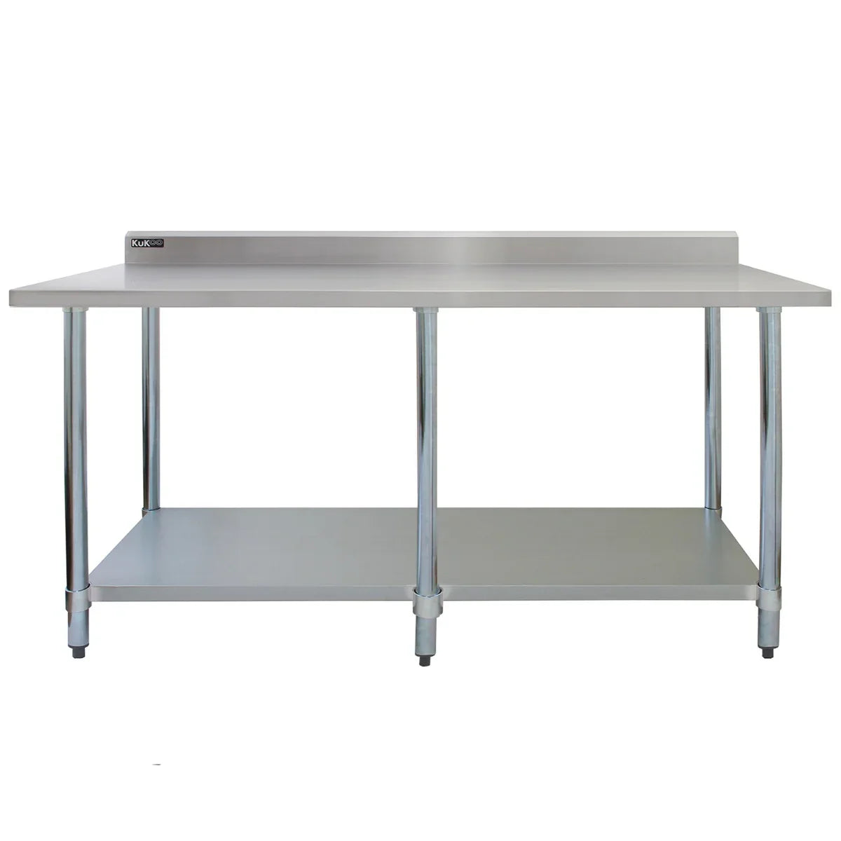 Commercial stainless steel catering table, 7ft wide, featuring a smooth surface, sturdy legs, and a lower shelf for storage