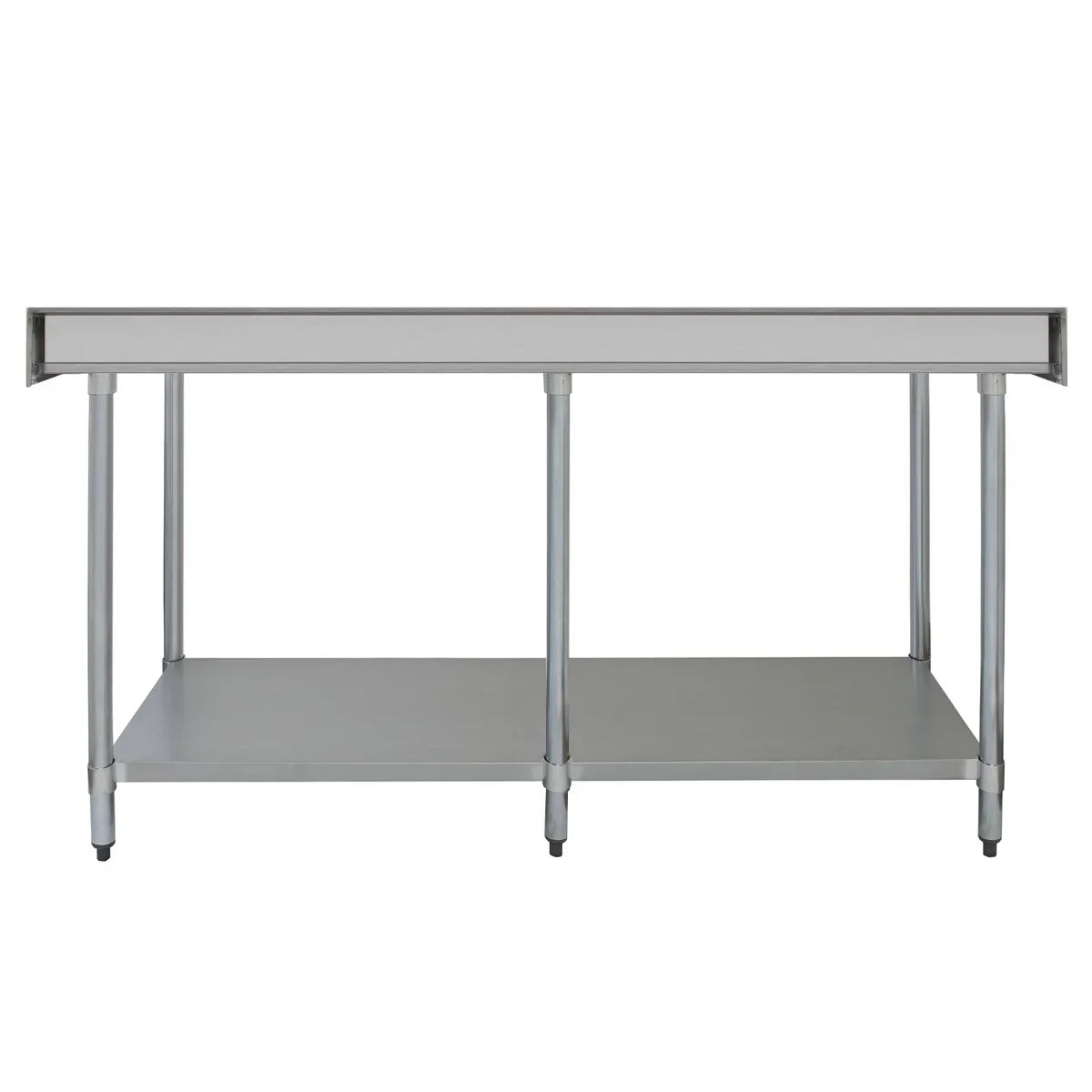 Commercial stainless steel catering table, 7ft wide, featuring a smooth surface, sturdy legs, and a lower shelf for storage