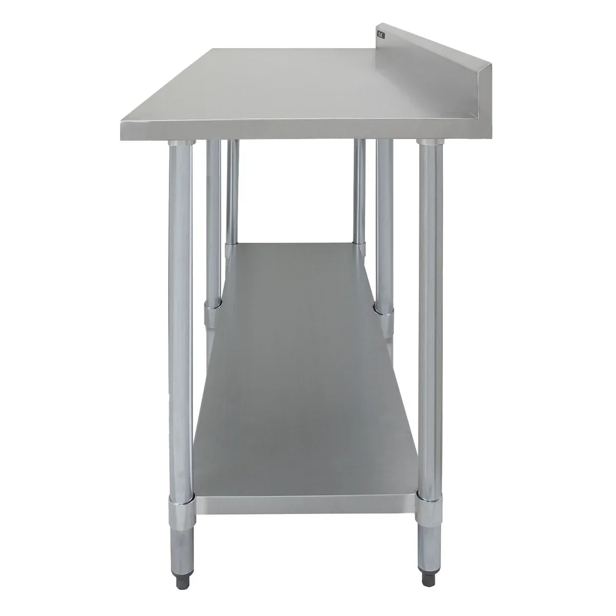 Commercial stainless steel catering table, 7ft wide, featuring a smooth surface, sturdy legs, and a lower shelf for storage
