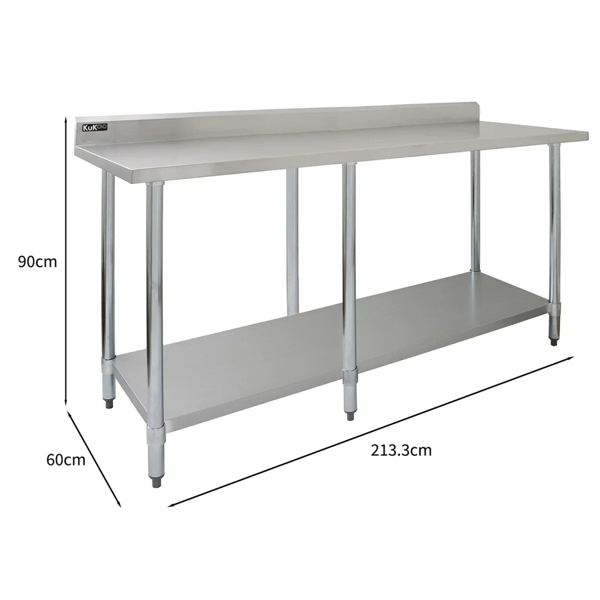 Commercial stainless steel catering table, 7ft wide, featuring a sleek surface, sturdy legs, and a lower shelf for storage