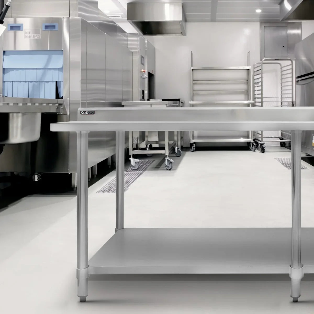 Commercial stainless steel catering table, 7ft wide, featuring a smooth surface, sturdy legs, and a lower shelf, ideal for kitchen use