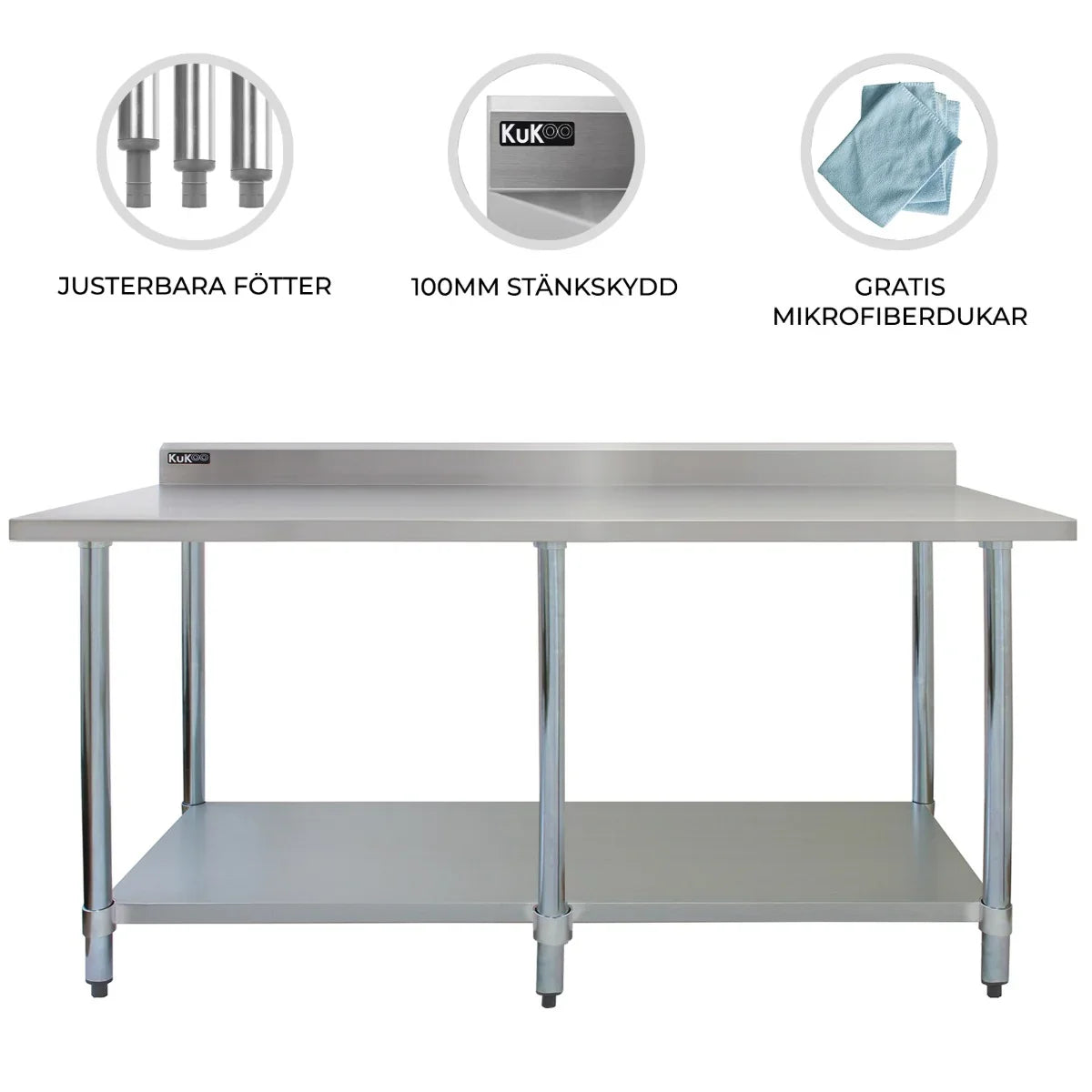 Commercial 7ft stainless steel catering table with adjustable legs, splash guard, and a lower shelf for storage and organization