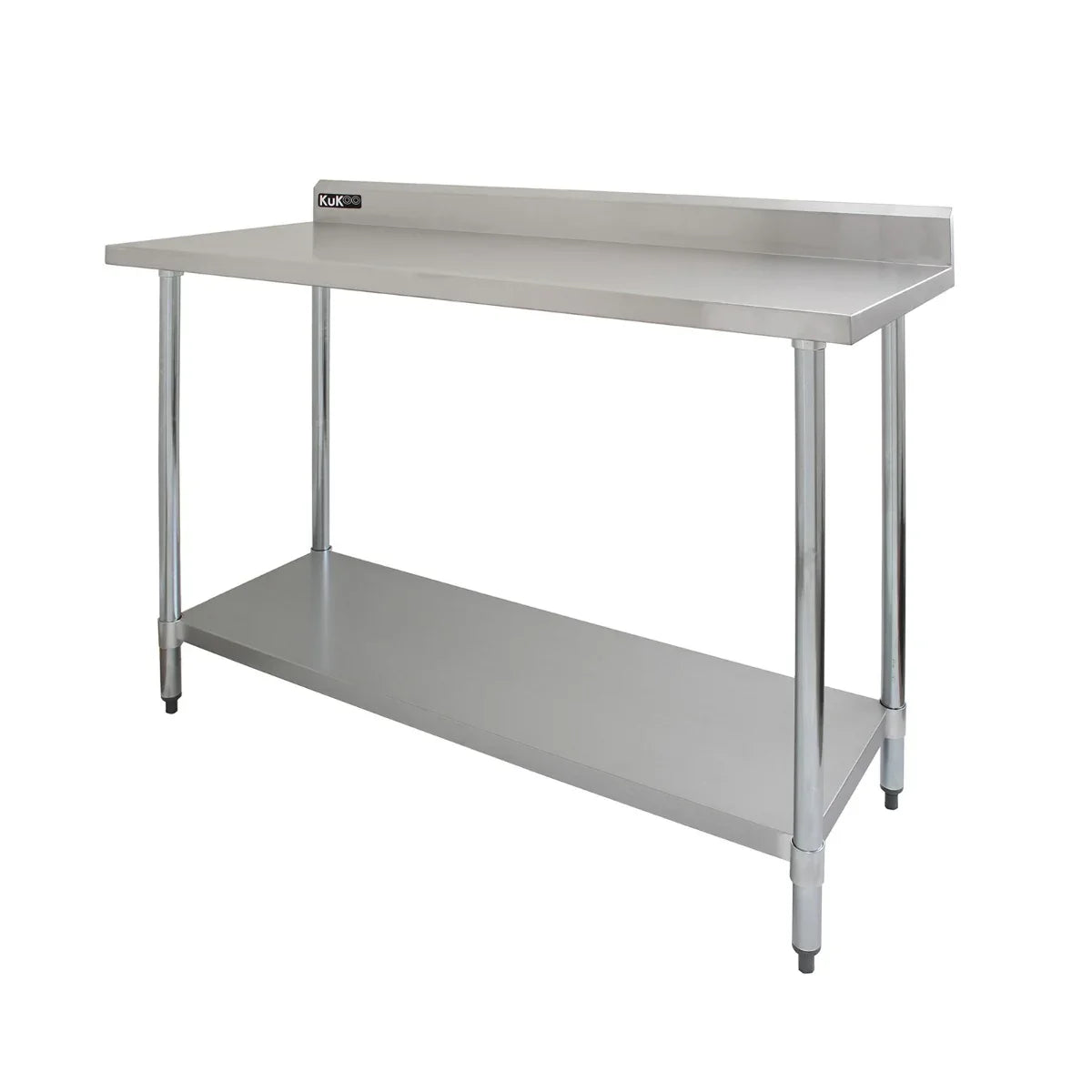 Commercial stainless steel catering table, 4FT wide, featuring a smooth surface, sturdy legs, and a lower shelf for storage