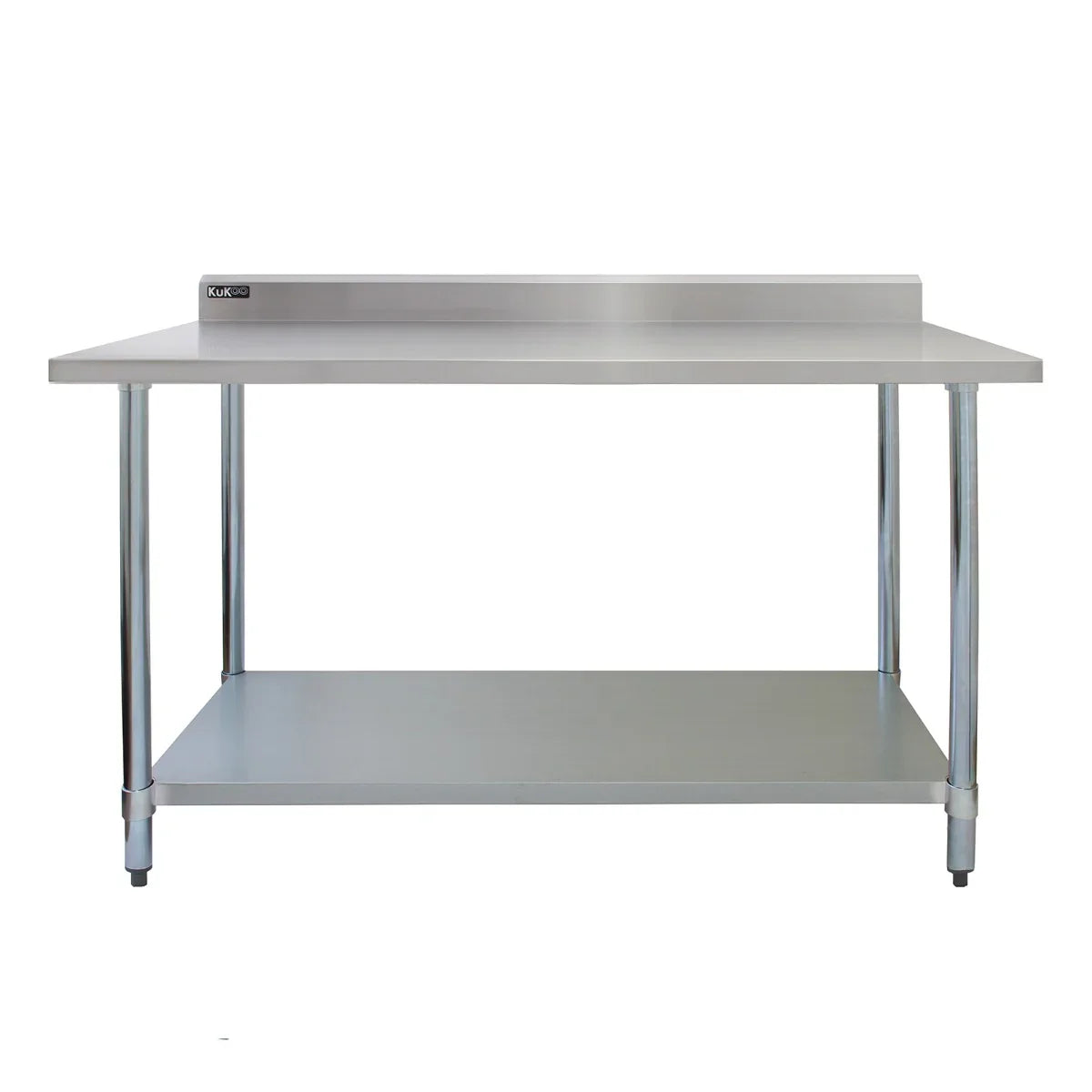 Commercial stainless steel catering table, 4FT wide, featuring a smooth surface, sturdy chrome legs, and a lower shelf for storage