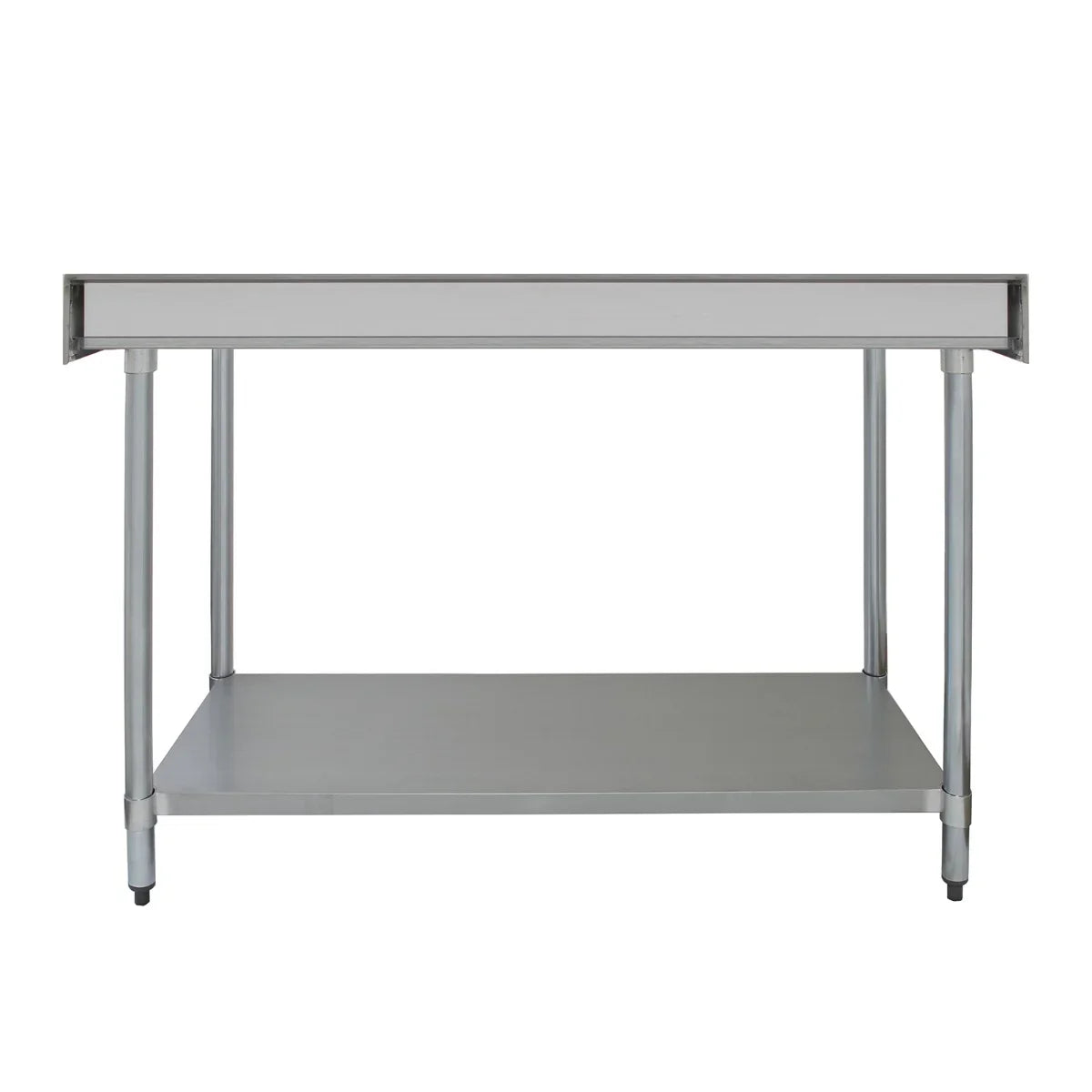Commercial stainless steel catering table, 4FT wide, featuring a smooth surface, sturdy legs, and a lower shelf for storage