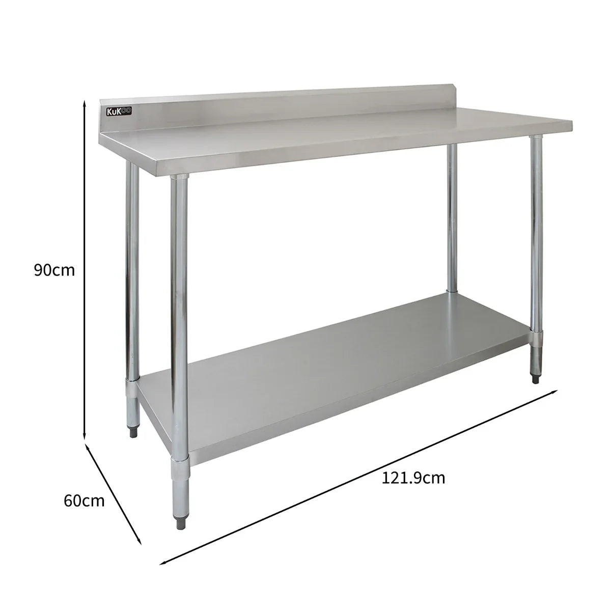 Commercial stainless steel catering table, 4FT wide, featuring a sleek surface, sturdy legs, and a lower shelf for storage