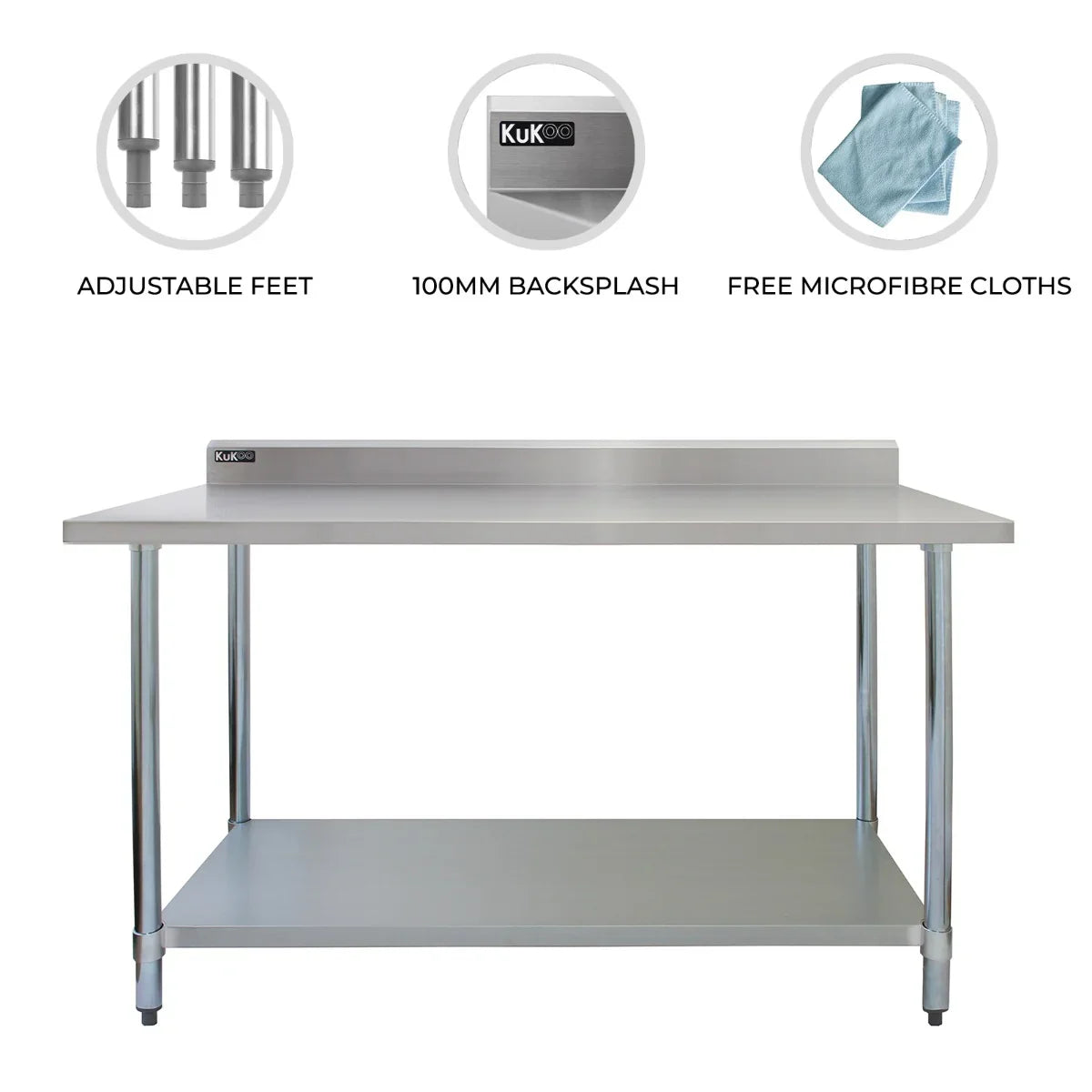 Commercial stainless steel catering table, 4FT wide, featuring adjustable feet, a 100mm backsplash, and a lower shelf for storage