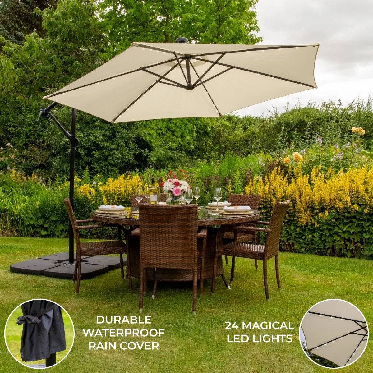 Cream 3m LED cantilever parasol with a plain base, featuring a durable waterproof cover and 24 integrated LED lights, set in a garden dining area